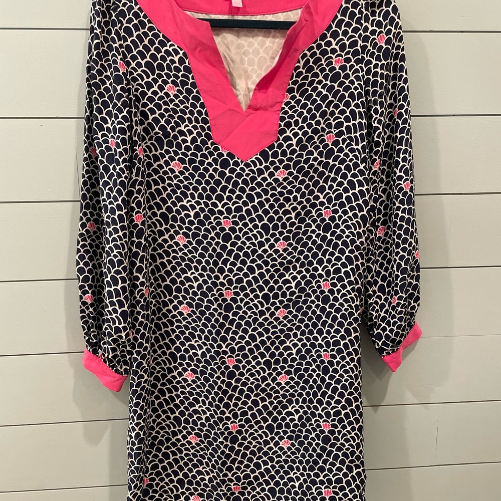 Lilly Pulitzer Navy/Pink Scallop Shell Print Silk Dress Size 6
